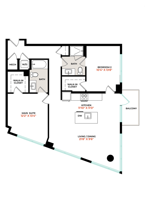 Floor plan for 2 beds, 2 baths, 1175 sqft